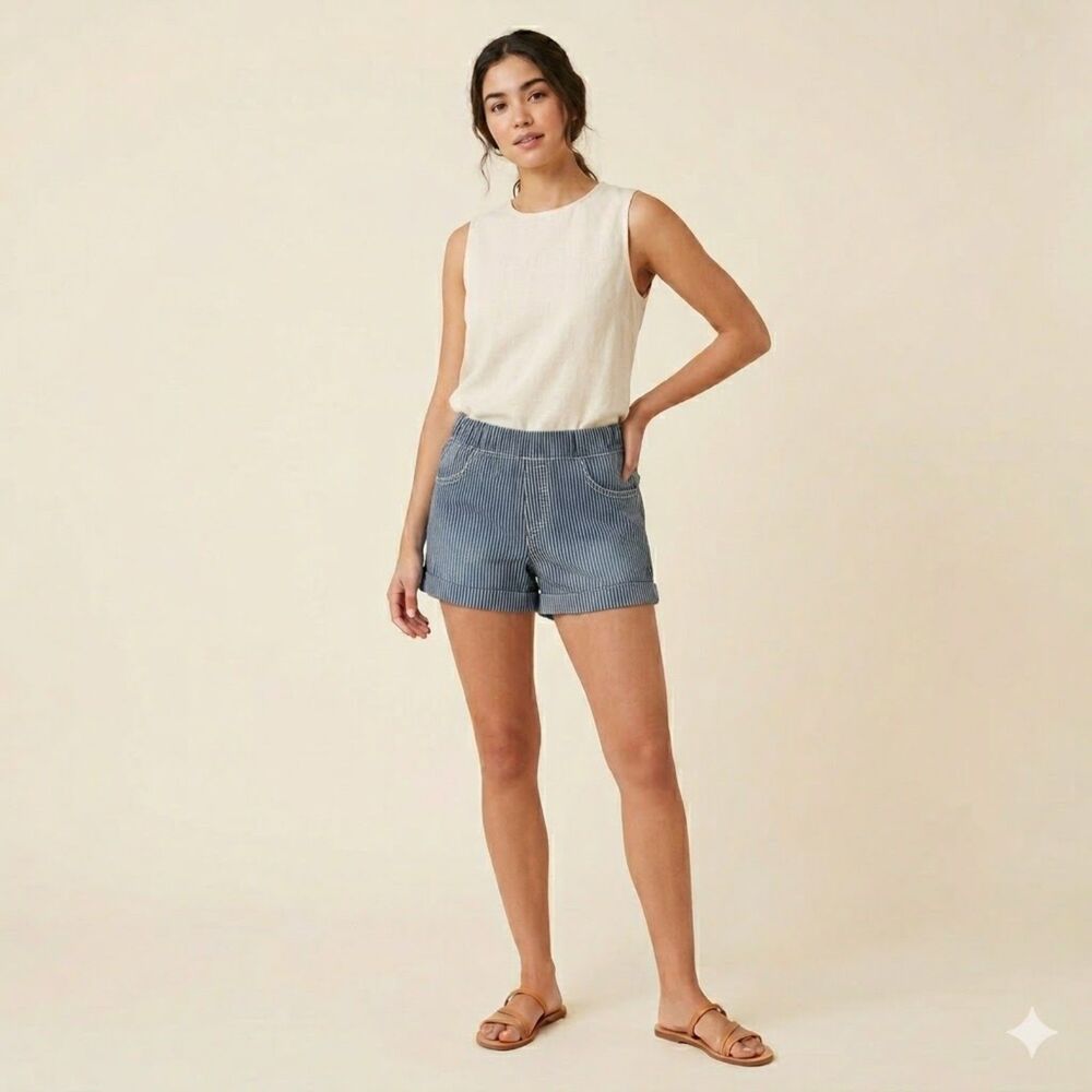 Rewash Coastal Pinstripe Shorts Paperbag Waist Cuffed Cotton Blue White M Y2K